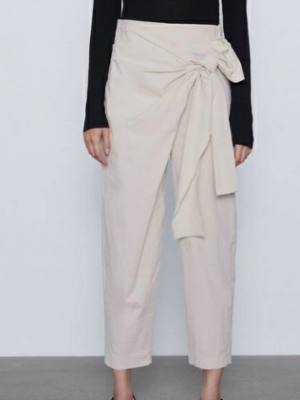 ZARA Wrap Tie-Waist High-Rise Wide Leg Pants - Cream Size XL